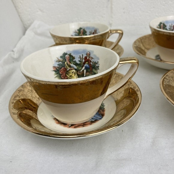Lot 3 Vintage King Quality Fine Colonial Couple Gold 22k US 1960 Cups And Saucer - Picture 2 of 14